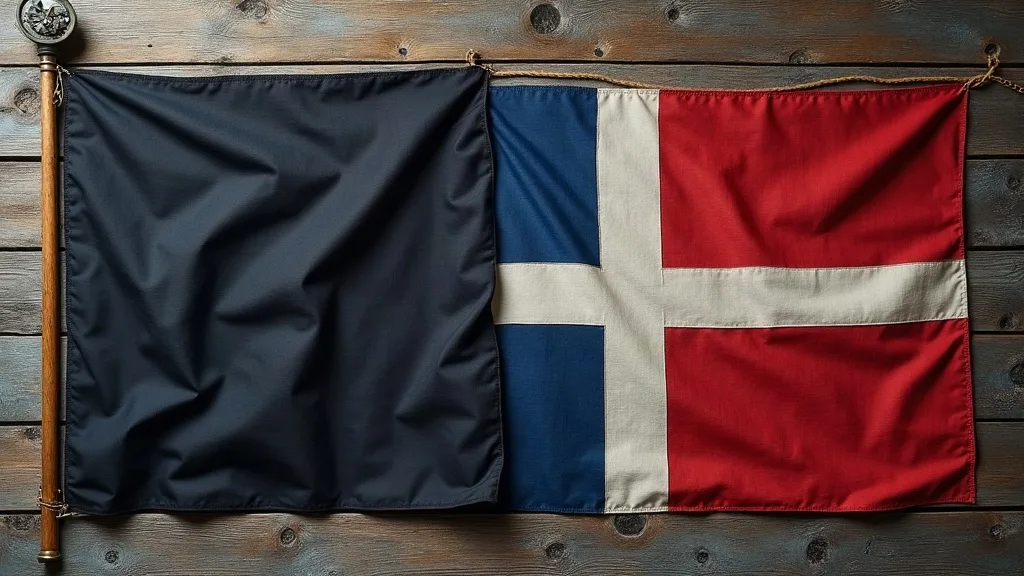 Un drapeau noir uni et un drapeau à croix bleu, blanc et rouge, tendus par une corde sur des planches usées.