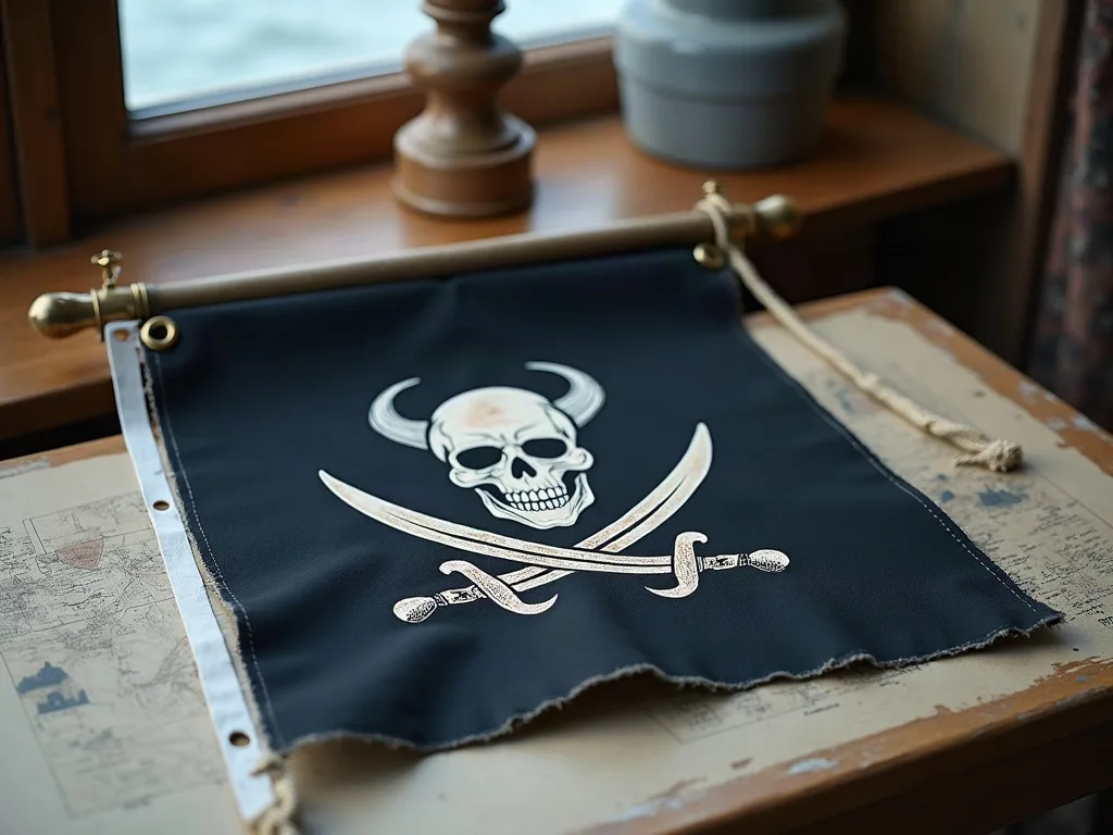 Drapeau noir à crâne cornu et sabres croisés, hissé sur une hampe en laiton, posé sur une carte marine.