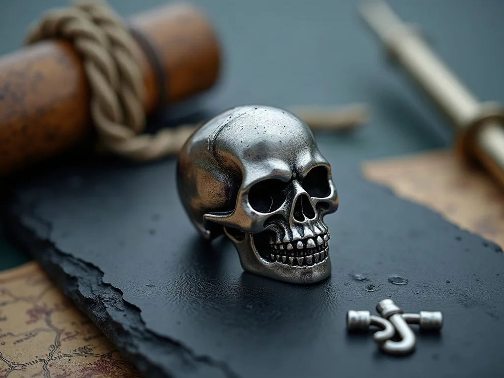 Bague crâne en acier posée sur une ardoise humide, entre corde tressée, carte ancienne et petite ancre métallique.
