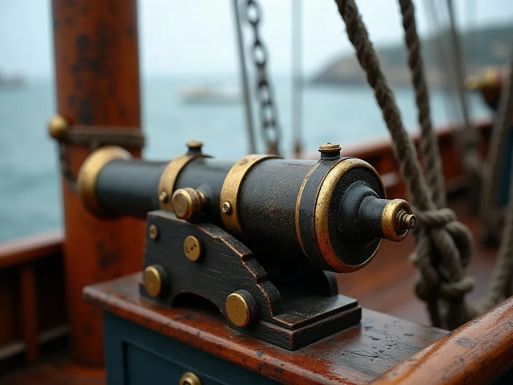 Petit canon de bronze noirci sur affût de bois posé sur le plat-bord, cordages et mât en arrière-plan.