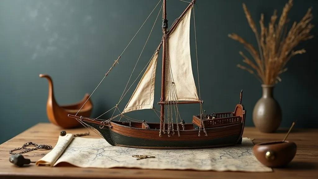 Maquette de voilier en bois posée sur une carte marine, coque sombre et voiles de toile écrue.