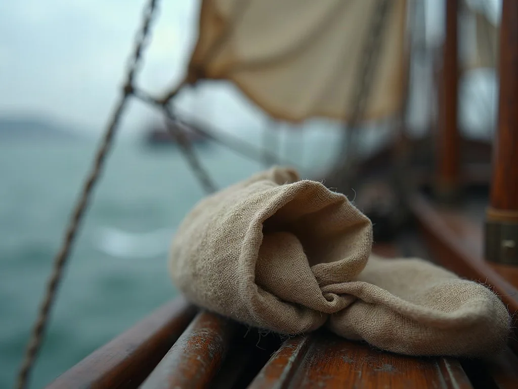 Tissu de voile beige usé par le temps, enroulé sur le bois du bastingage d'un bateau.