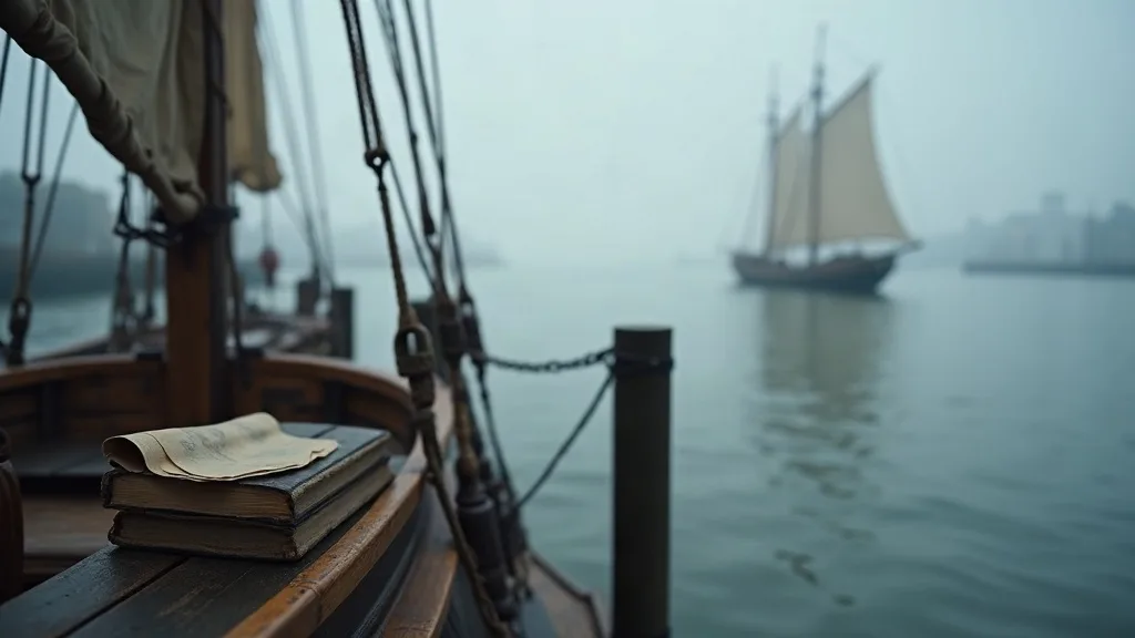 Livres ouverts sur le pont d'un voilier, avec un autre navire aux voiles blanches visible dans le brouillard matinal.