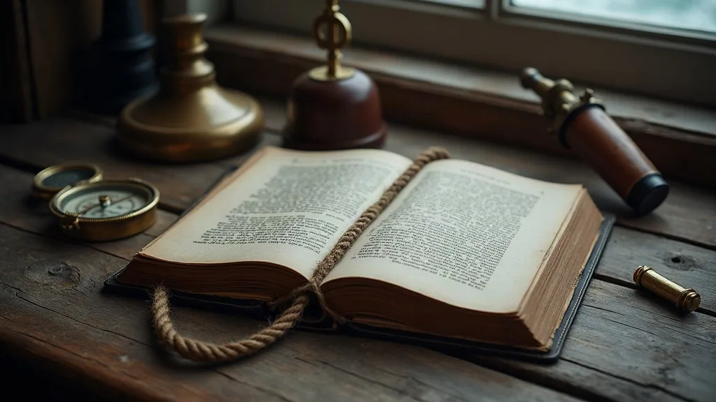 Livre ancien ouvert sur une table en bois, entouré d'un compas de cuivre, d'une longue-vue et d'un cordage tressé.