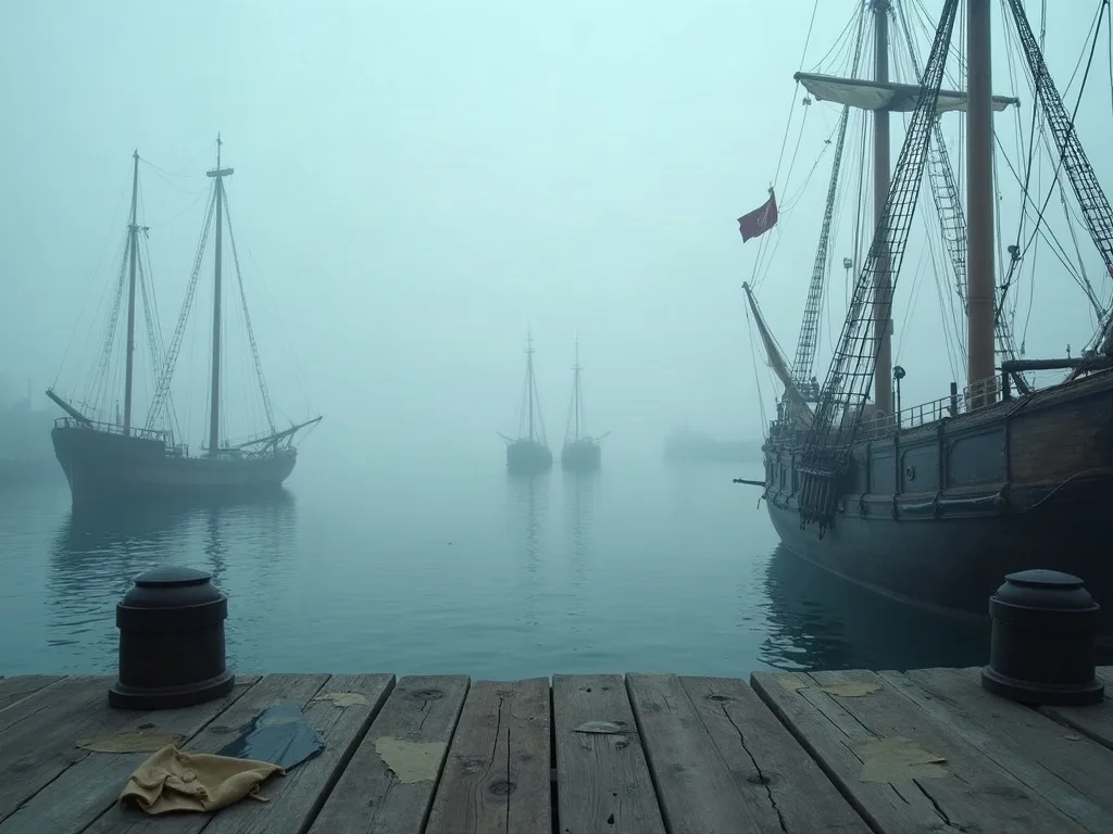 Quai de bois usé au premier plan face aux navires à voiles ancrés dans le brouillard matinal du port.
