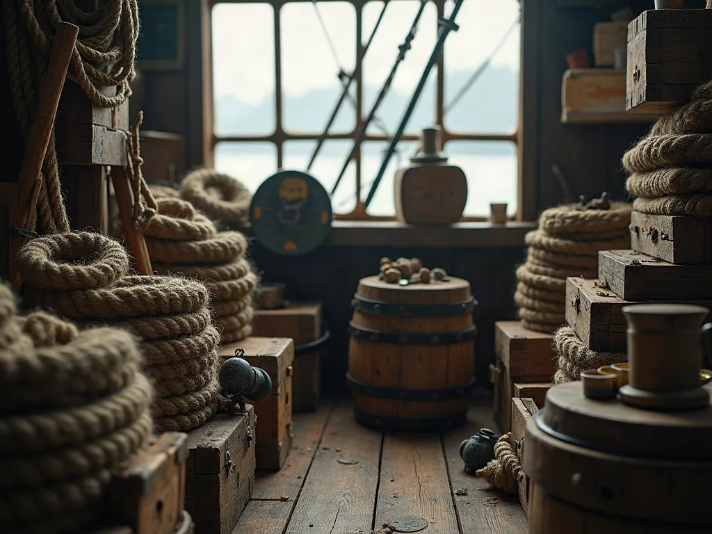 Caisses en bois, tonneaux et cordages enroulés sur le pont d'un navire, lumière naturelle par les hublots.
