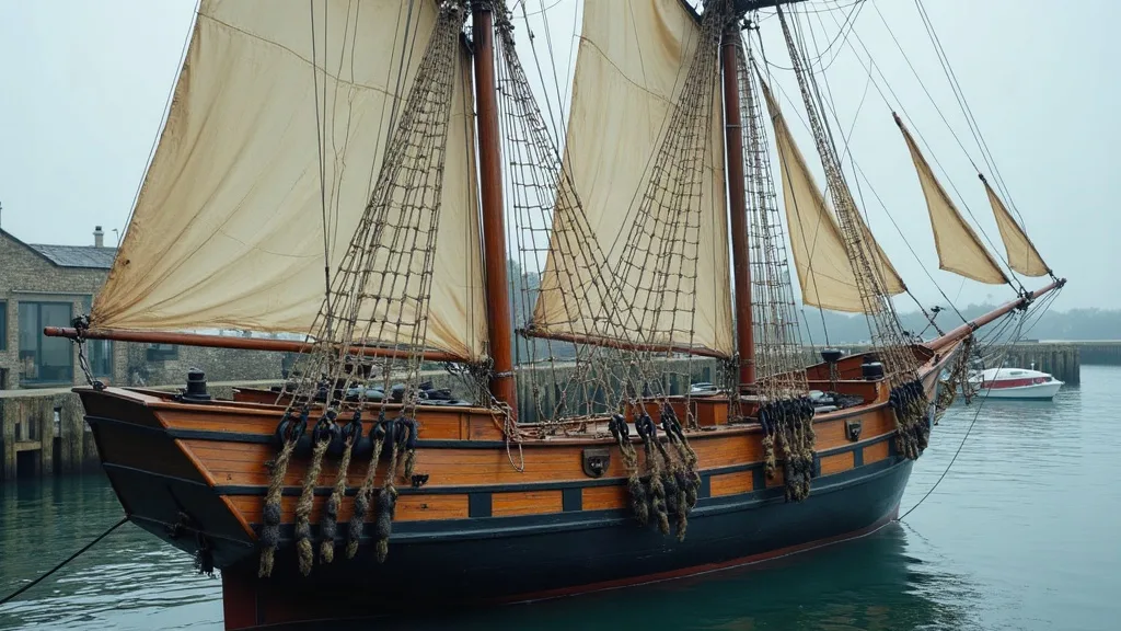 Un lougre à deux mâts, coque bois et voiles ocre, amarré le long d'un quai breton par temps couvert.