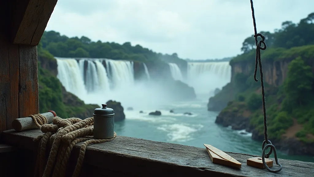Depuis une plateforme en bois, cordages et gourde métallique posés face aux chutes de l'Iguazú noyées de brume.