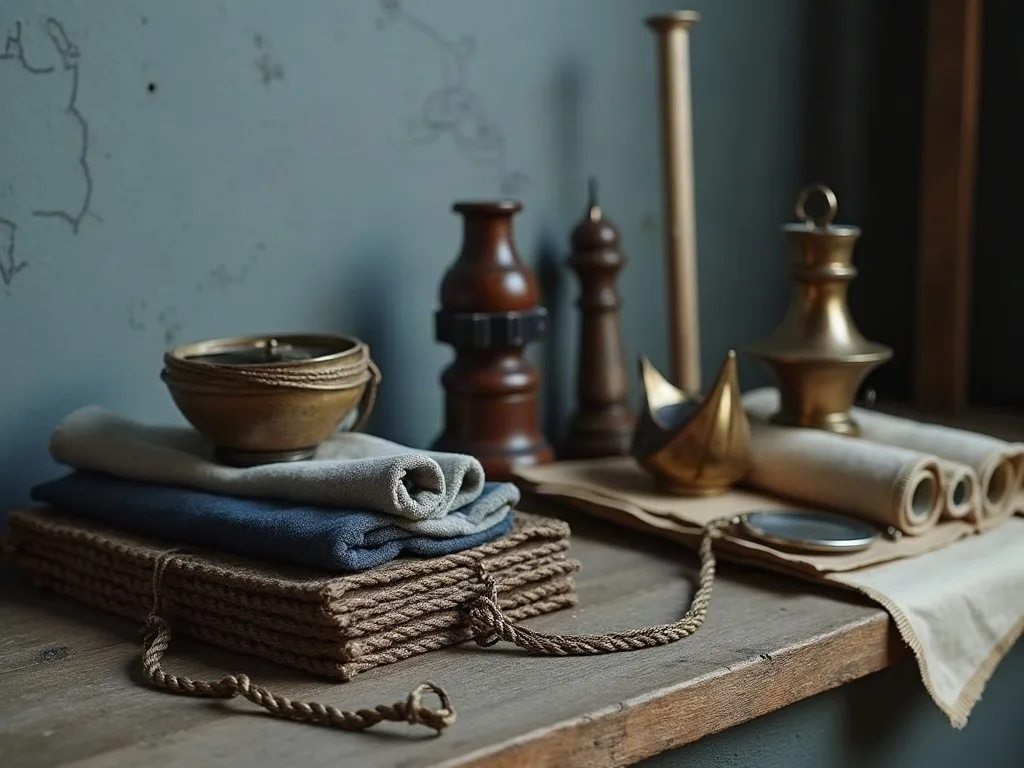 Sur une planche brute, cordages tressés, textiles pliés et objets de laiton devant un mur bleu patiné.
