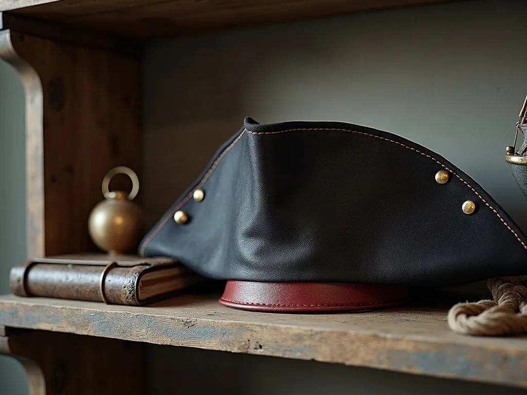 Tricorne en cuir noir à bandeau rouge et boutons dorés, posé sur une étagère en bois brut près d'un livre ancien.