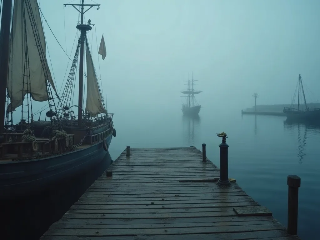 Un voilier ancien amarré près d'une jetée en bois dans un port enveloppé de brume épaisse.