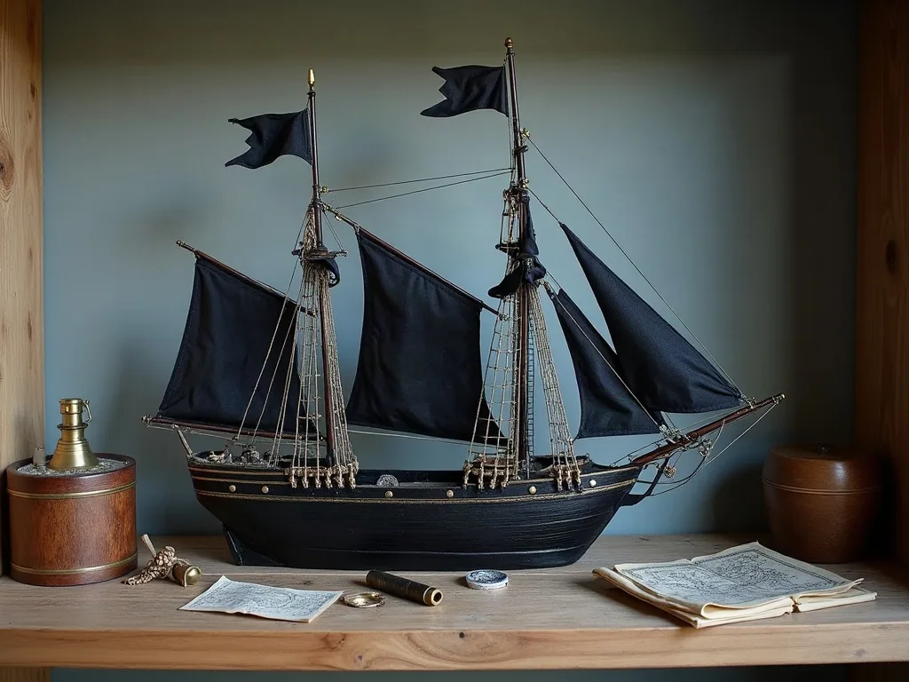 Maquette noire à voiles sombres posée sur une étagère en bois, entourée d'une longue-vue, d'une boussole et de cartes marines.