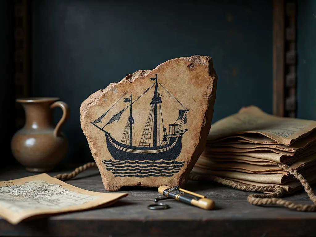 Fragment de terre cuite peint d'un navire à deux mâts sur des vagues, entre cruche, cartes et clé ancienne.