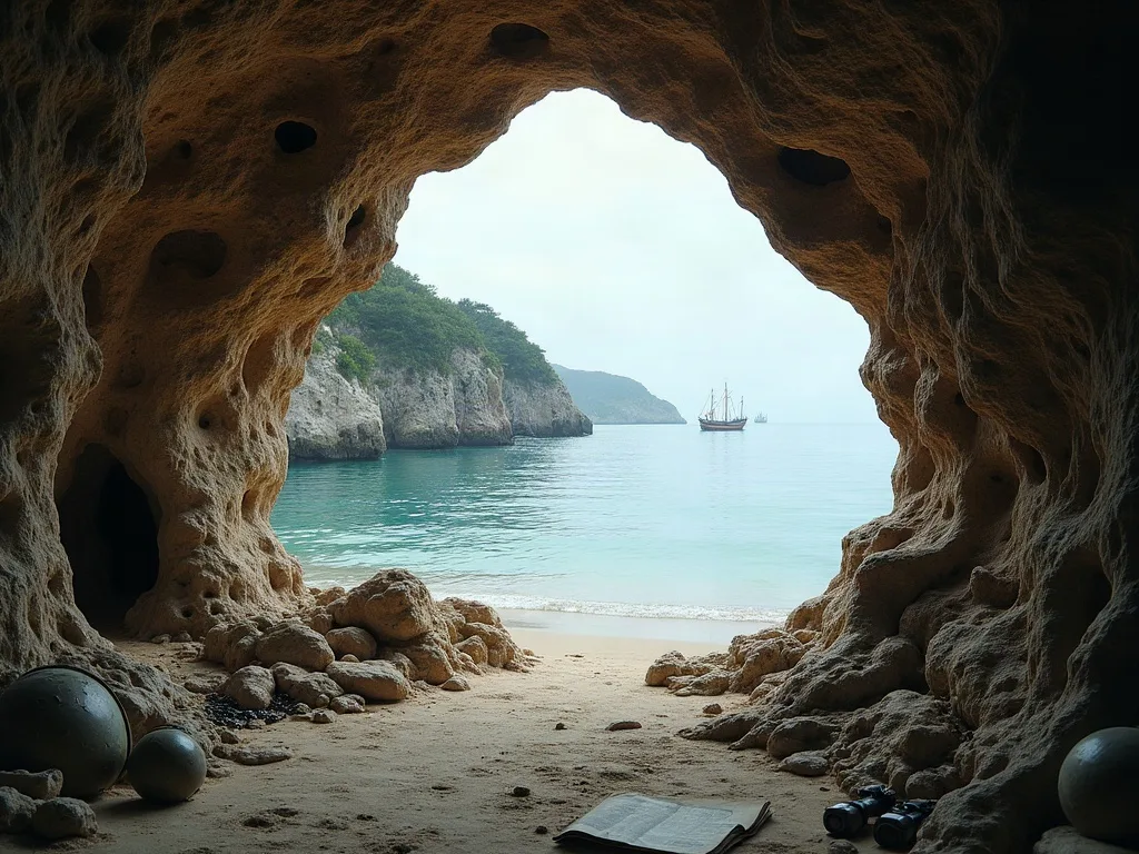Depuis une grotte calcaire creusée de cavités, la plage de sable et un voilier au mouillage sur l'eau turquoise.