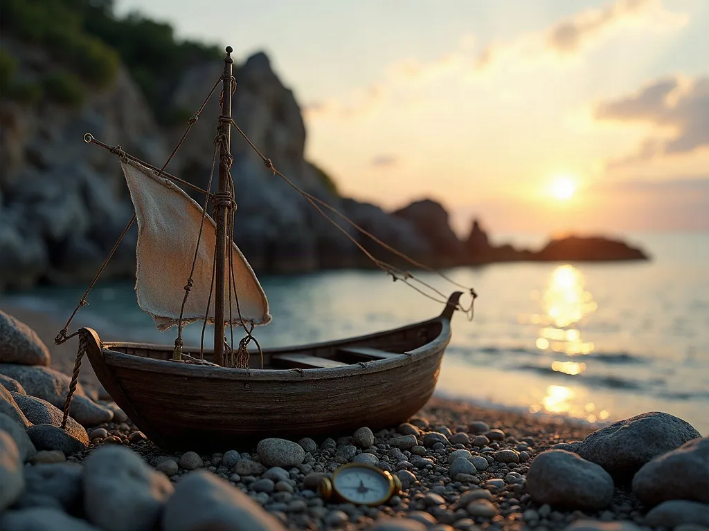 Miniature de bateau en bois échoué sur galets, falaises rocheuses et coucher de soleil en arrière-plan.