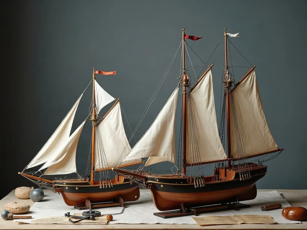 Deux maquettes gréées côte à côte sur un plan de travail, coques vernies sur socles, voiles de toile écrue et petits fanions.