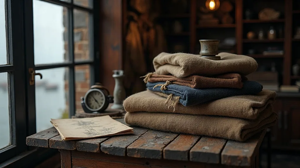 Étoffes de laine beige, brune et bleue empilées sur un comptoir en bois usé, près d'une fenêtre à petits carreaux et d'une horloge ancienne.