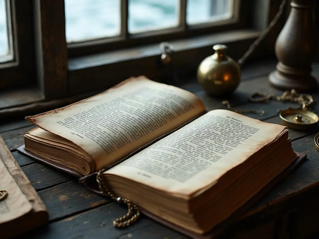 Ouvrage imprimé ancien aux pages jaunies, ouvert sur une table en bois près d'un hublot et d'une fiole de laiton.