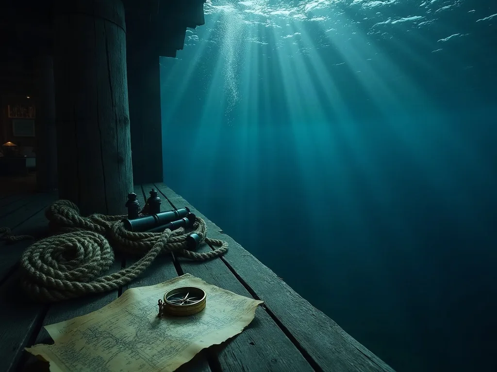 Cordage lové, longue-vue et compas de laiton sur une carte jaunie, au bord d'un ponton plongeant dans l'eau bleu nuit traversée de rais de lumière.