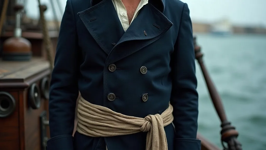Chemise ample, veste croisée et écharpe de taille large: la silhouette du corsaire du début du XIXe siècle, sans tricorne ni tête de mort imprimée.