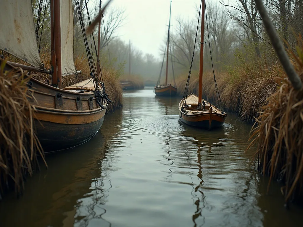 Barques en bois à mât amarrées dans un chenal étroit bordé de roseaux secs, sous un ciel brumeux.