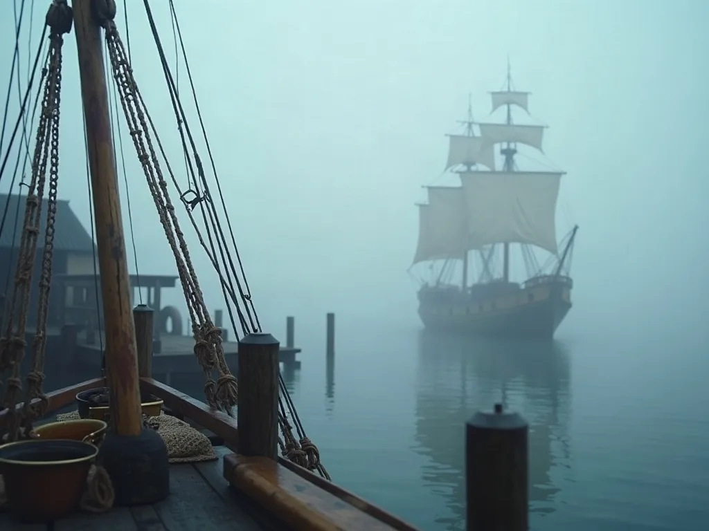 Voilier ancien à voiles carrées émergent du brouillard dans un port, vue depuis l'avant d'un navire aux cordages visibles.