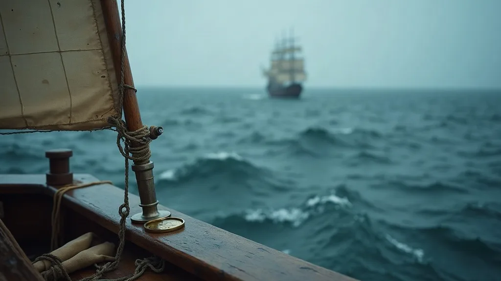 Vue depuis le pont d'un voilier avec cordages et voile, navire à voiles visibles au loin sur l'océan agité.