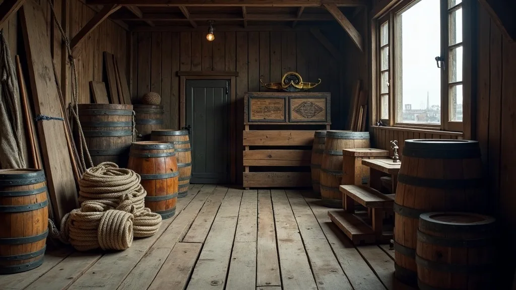 Entrepôt en bois aux barriques cerclées de fer, cordages lovés et caisses empilées sous la lumière d'une fenêtre à petits carreaux.