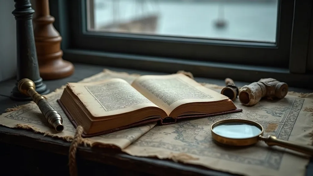 Livre ancien ouvert sur une carte marine effrangée, près d'une loupe en laiton et d'une longue-vue, sous la lumière d'une fenêtre.