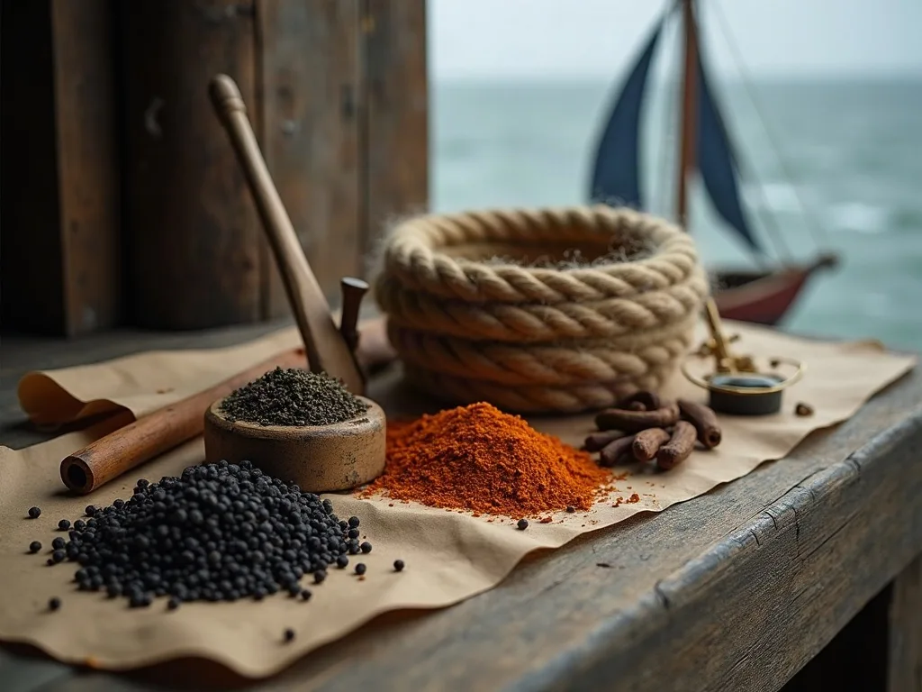 Poivre en grains, piment moulu, mortier de bois et gingembre séché sur papier kraft, face au voilier amarré.