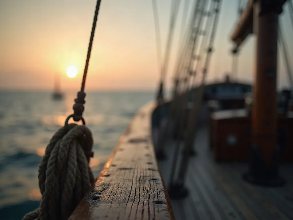 Cordage et poulie sur le bordage d'un navire en bois au coucher de soleil sur l'océan.