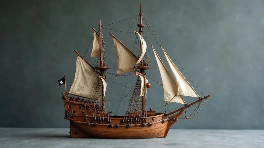 Maquette en bois d'un galion à trois mâts, voiles claires déployées et pavillon noir, sur fond gris d'atelier.