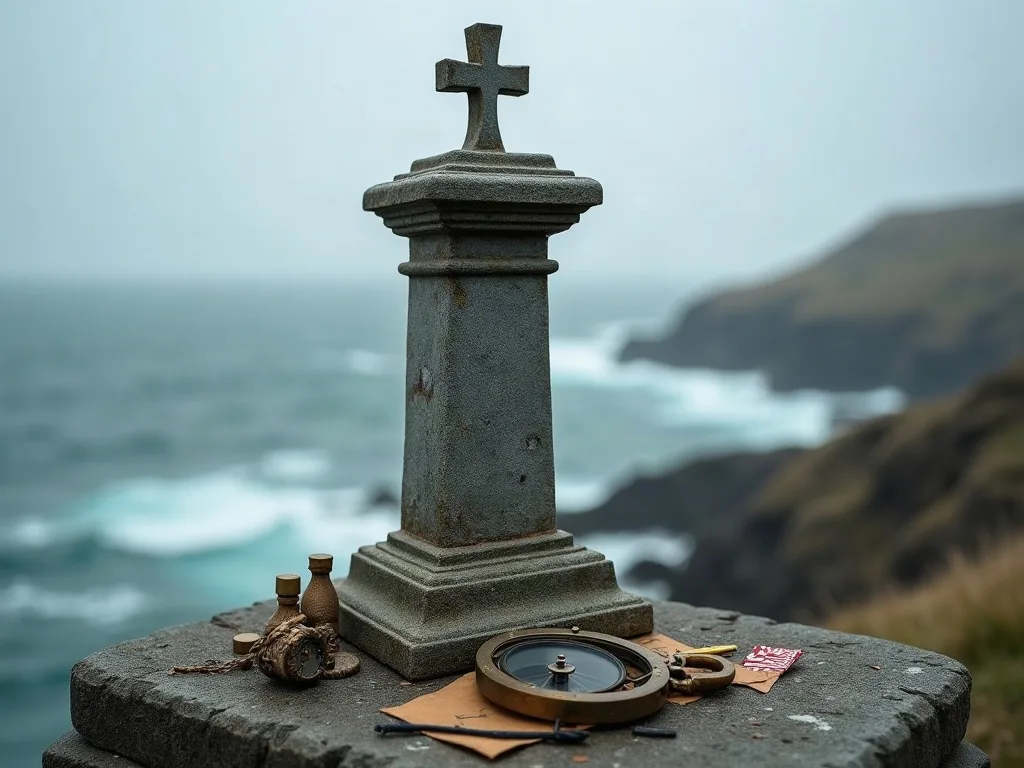 Pilier de pierre surmonté d'une croix sur un promontoire battu par les vagues, entouré d'un compas et de fioles posés sur la dalle.