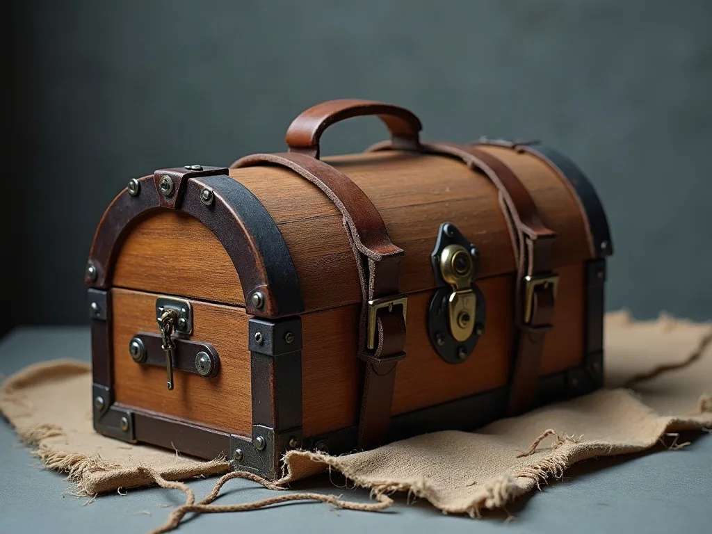 Petit coffre en bois à couvercle bombé, cerclé de ferrures, sanglé de cuir et posé sur une toile de jute effilochée.
