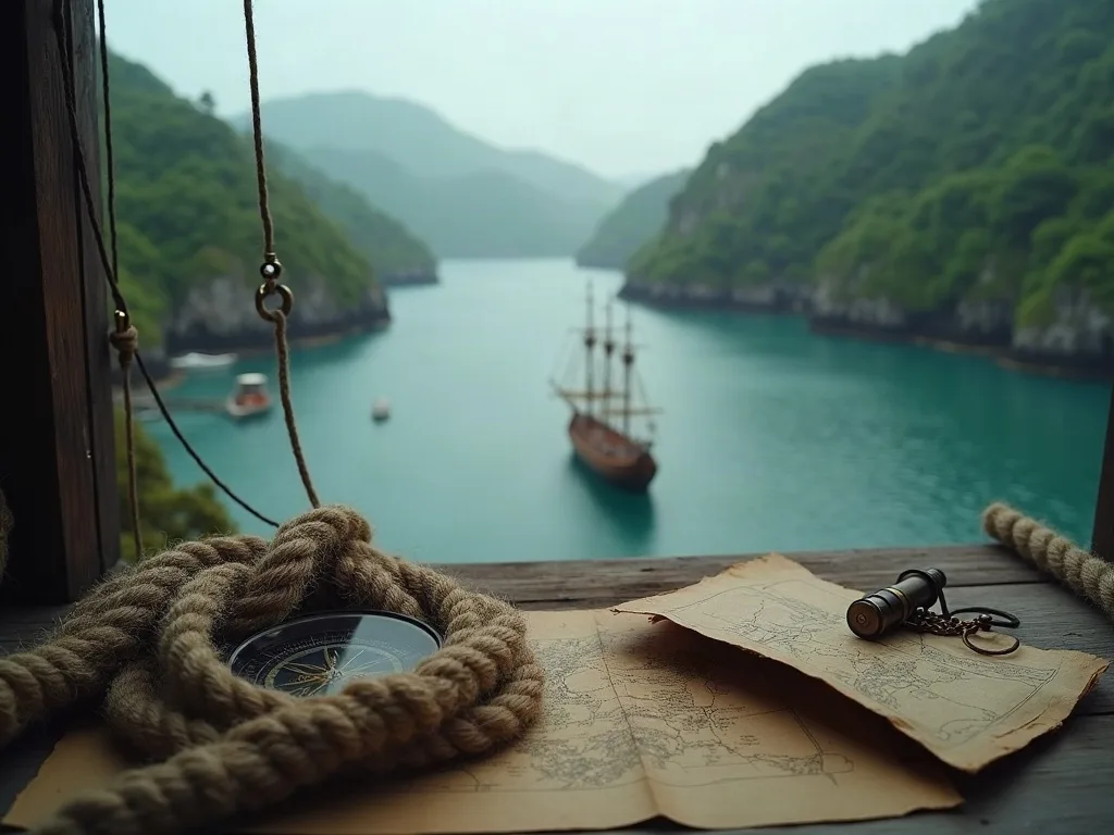 Compass et cartes marines posés sur une table en bois surplombant une baie turquoise encadrée de falaises boisées et navires voiliers.
