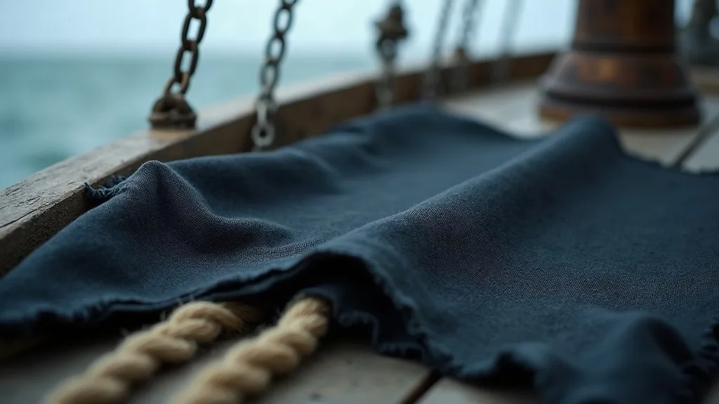 Tissu bleu marine usé sur le pont d'un bateau, avec chaînes et cordages visibles en arrière-plan.