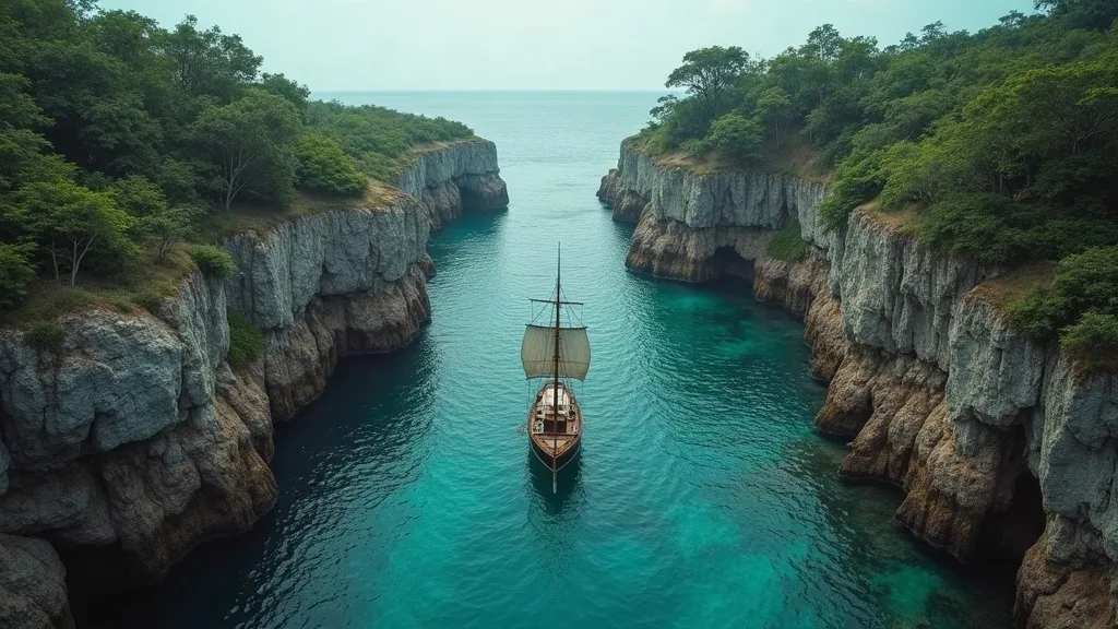 Un chenal étroit encadré de falaises calcaires et de végétation, où un voilier à mât unique remonte l'eau turquoise vers le large.