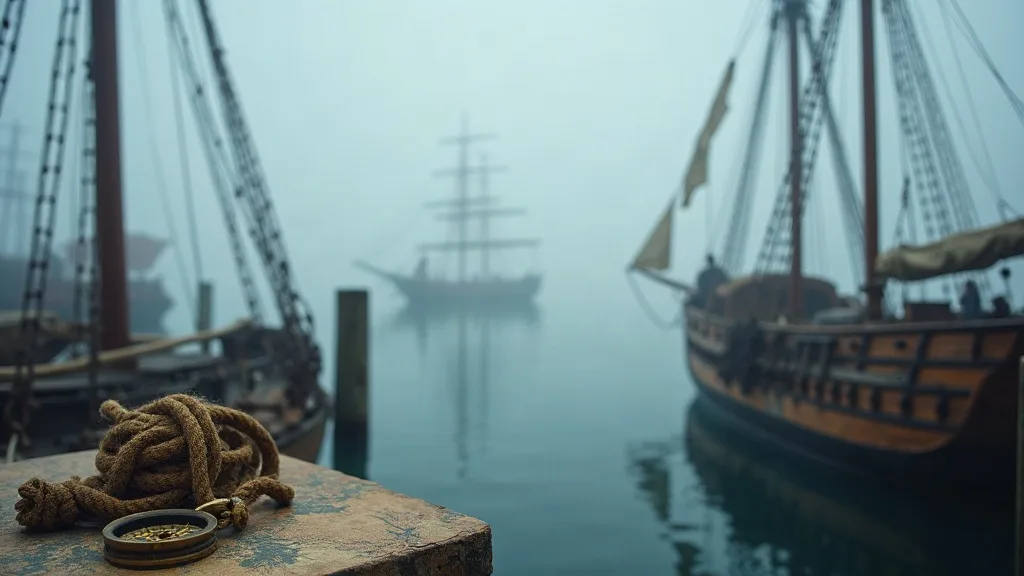 Corde enroulée et boussole sur le quai, voiliers anciens visibles dans le brouillard du port au lever du jour.