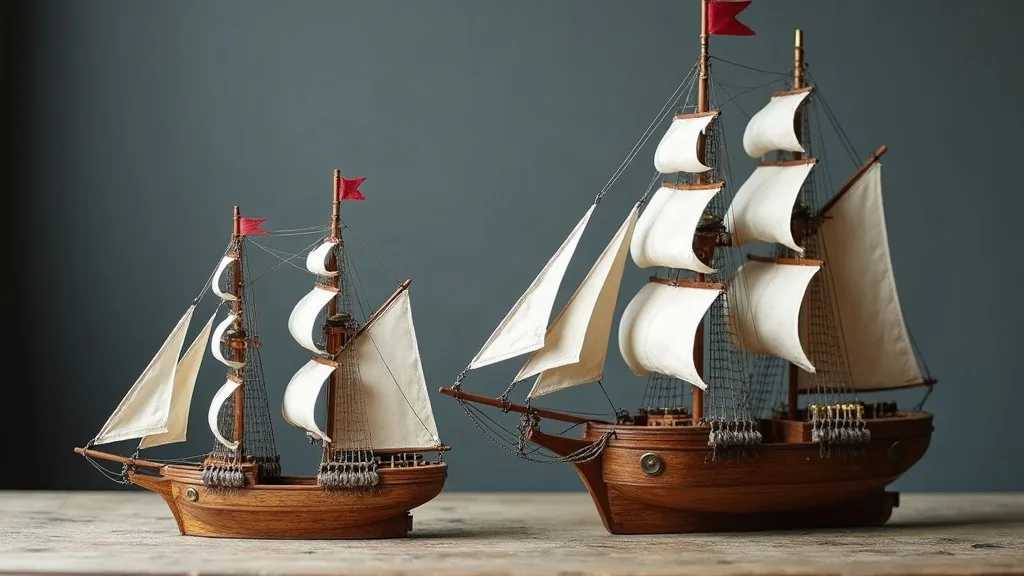 Deux maquettes de voiliers en bois posées sur une table, la plus petite montrant l'écart de taille avec le grand trois-mâts.