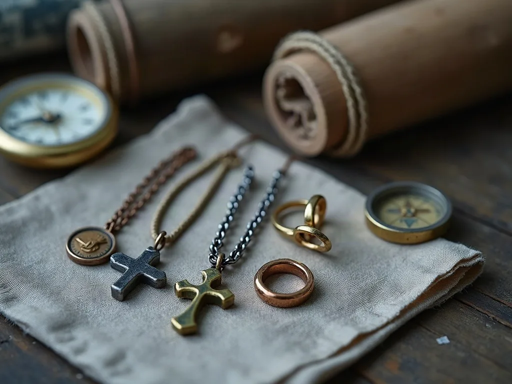 Croix, médaille et anneaux de cuivre et de laiton posés sur un carré de lin, près d'une boussole.