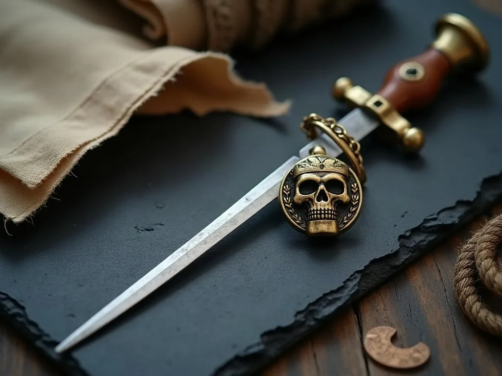 Porte-clés en bronze à tête de mort et sabre de costume à garde dorée posés sur une ardoise sombre.