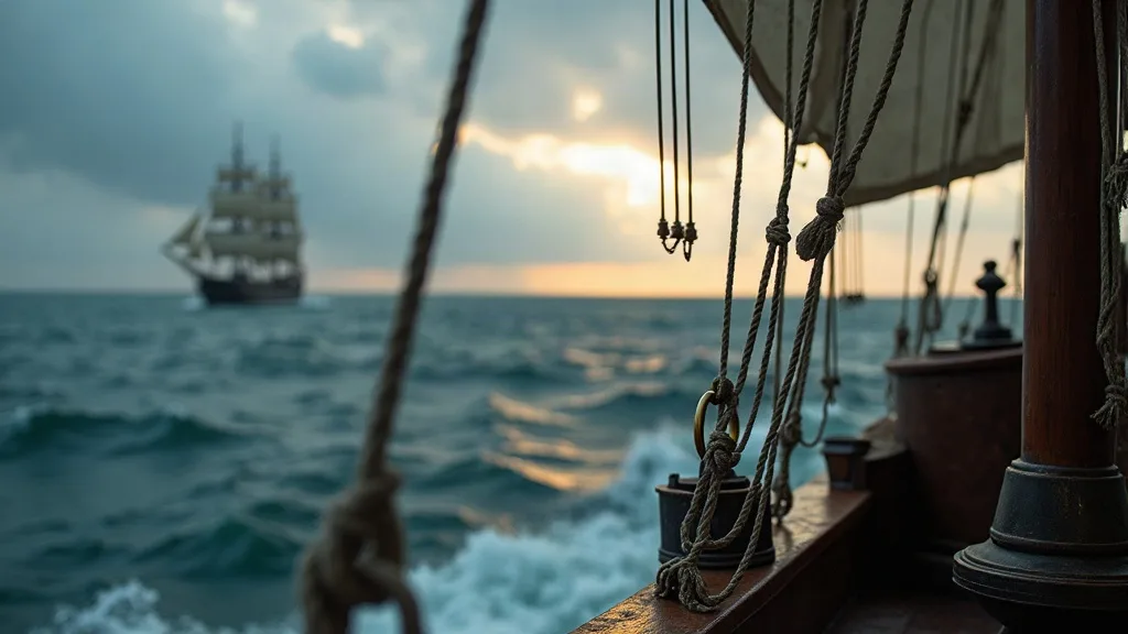 Cordages et voiles d'un navire au premier plan, avec un trois-mâts visible à l'horizon sur une mer agitée.