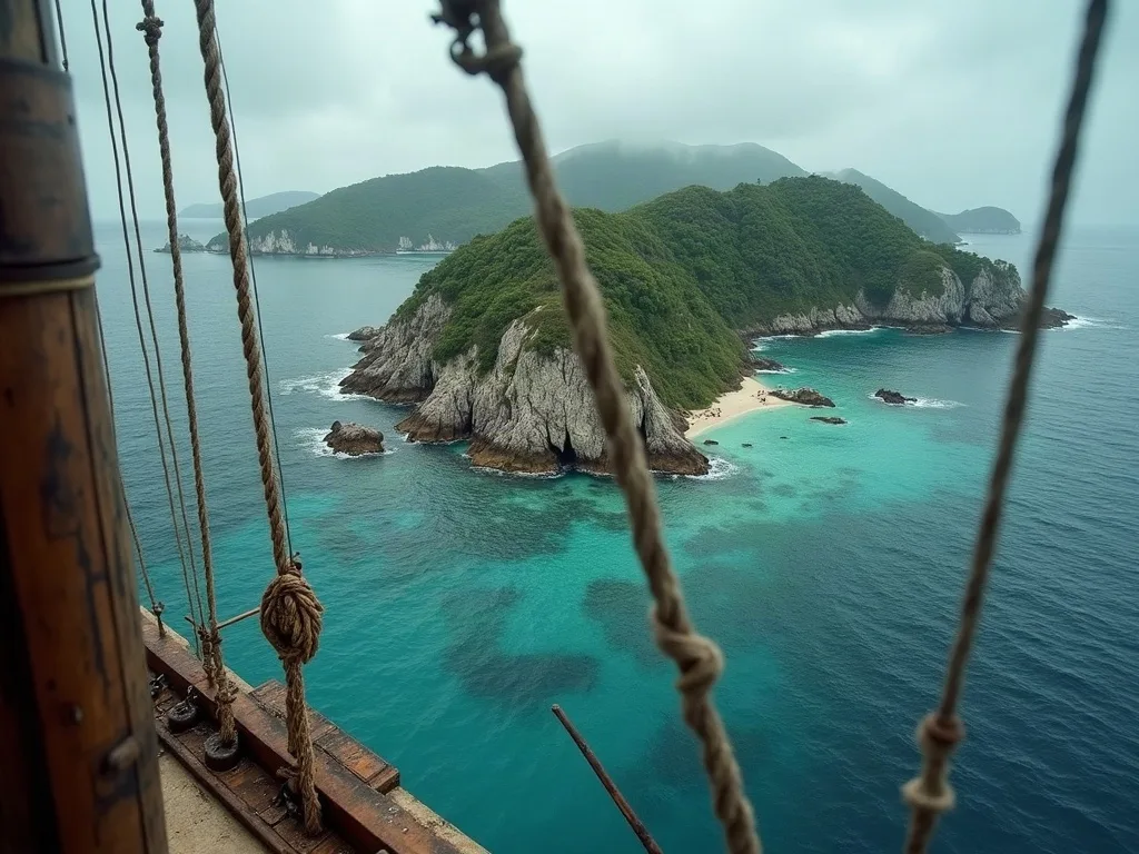 Depuis les haubans d'un voilier en bois, une île verte aux falaises calcaires bordée d'eaux turquoise sous un ciel voilé.