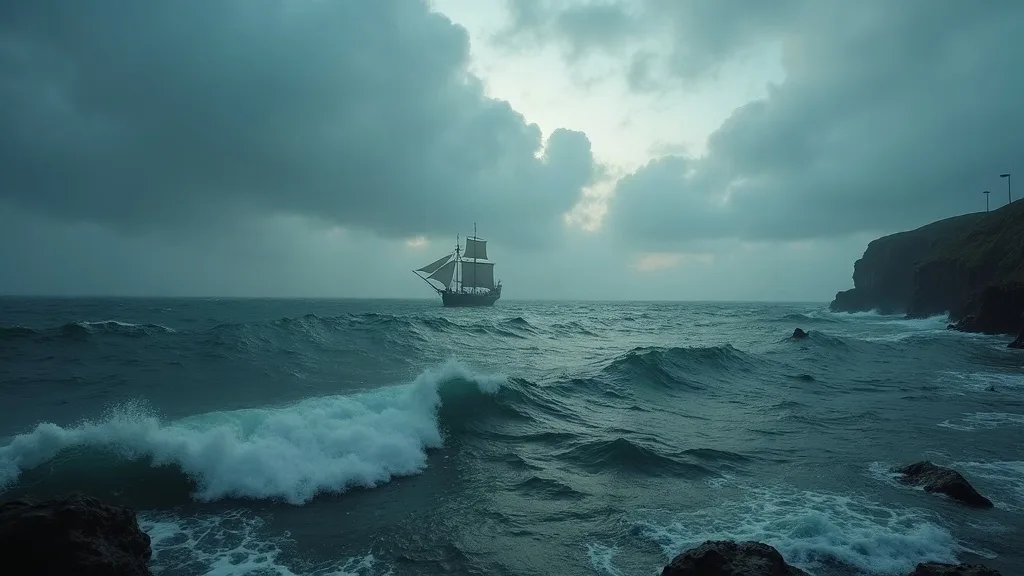 Navire à voile solitaire au large d'une côte rocheuse sous un ciel orageux, vagues écumantes au premier plan.