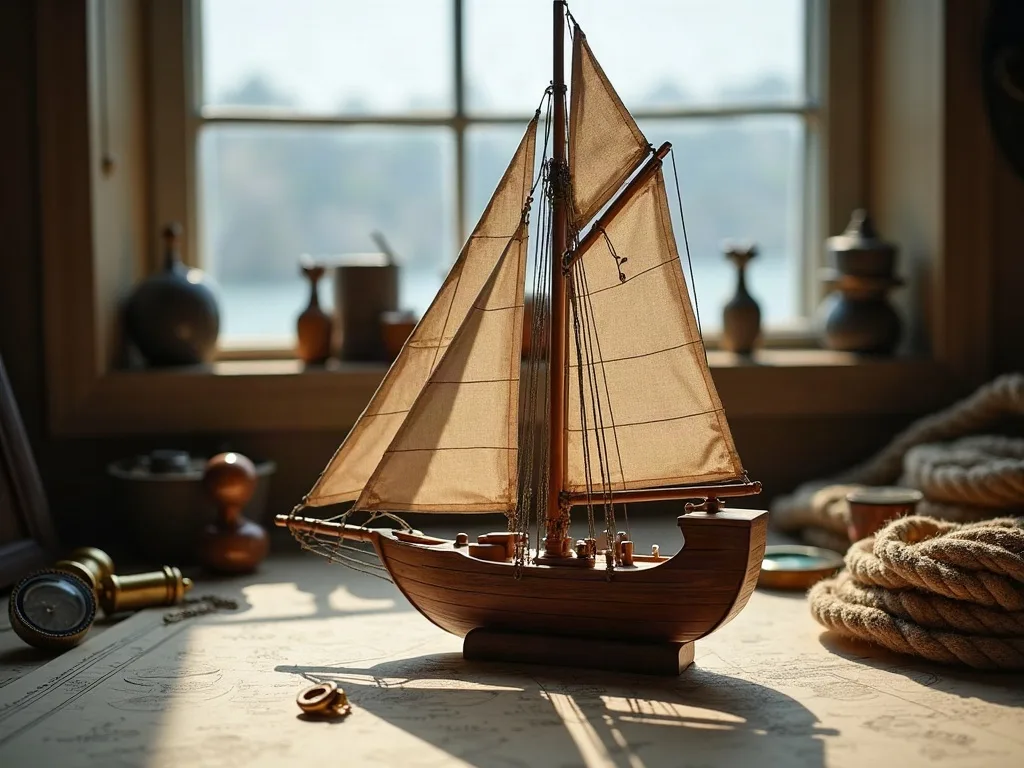 Maquette en bois d'un sloop à voiles auriques posée sur une carte marine, près d'une longue-vue en laiton et d'un cordage lové.