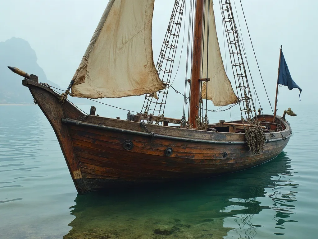 Coque en bois à faible tirant d'eau, immobile sur un fond clair, voiles de toile écrue affalées dans la brume.