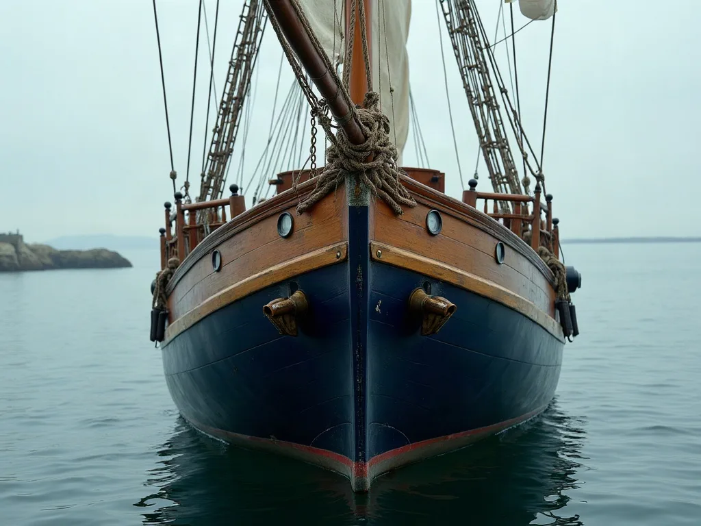 Étrave d'un voilier classique à coque bleue et pavois verni, bout-dehors et cordages lovés, par mer calme.