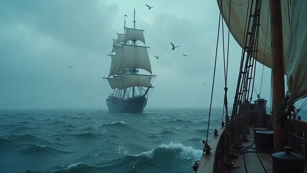 Navire à voiles du XVIe siècle navigant en mer agitée, observé depuis le pont d'un autre bateau par temps couvert.