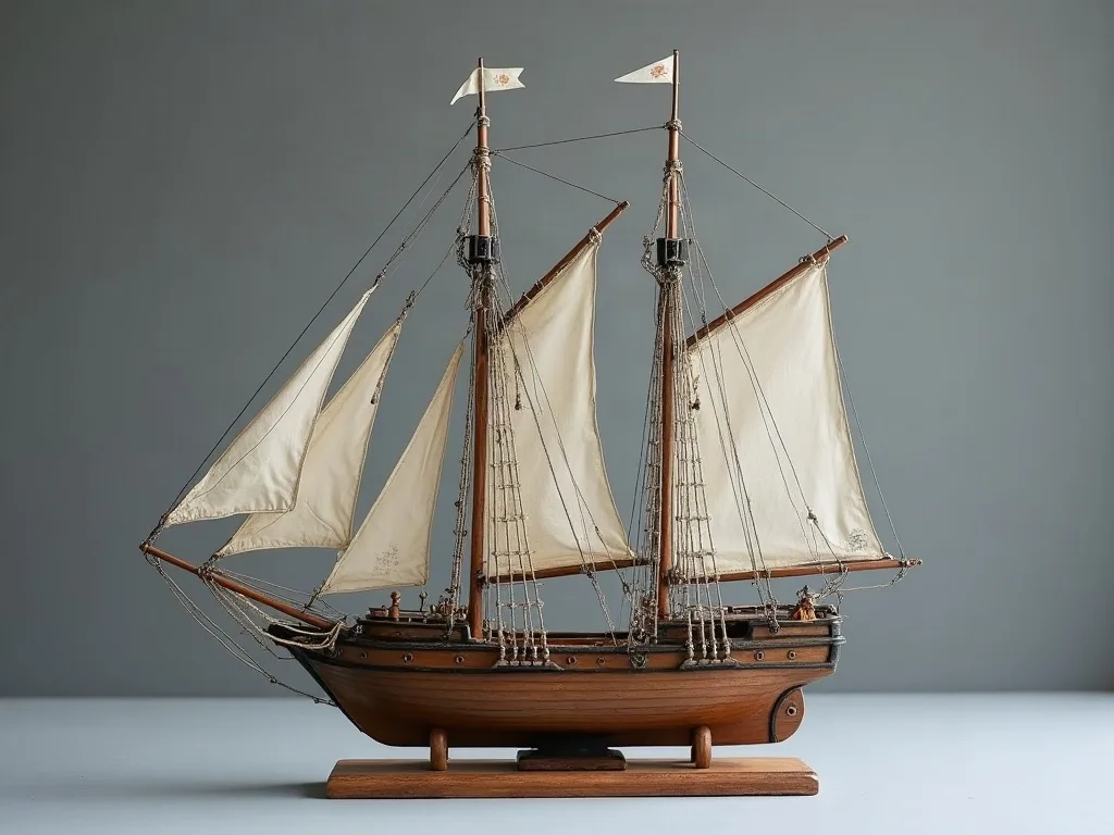 Maquette de voilier à deux mâts, coque en bois vernis sur socle, voiles en toile écrue et gréement de fils.