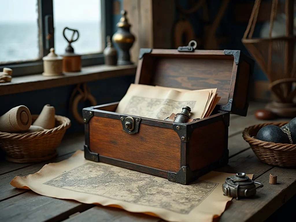 Petit coffre en bois à ferrures de fer, ouvert sur des documents pliés, dans un atelier maritime au bord de la fenêtre.